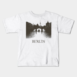 Berlin Vintage Woodcut | Minimalist Spree River & Cityscape Art Kids T-Shirt