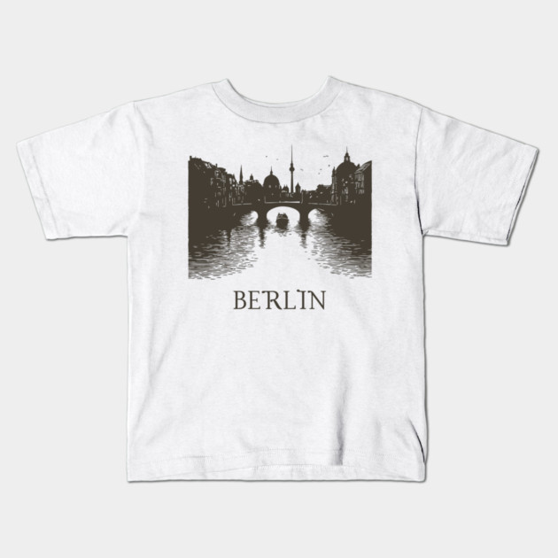 Berlin Vintage Woodcut | Minimalist Spree River & Cityscape Art Kids T-Shirt by TuncGK