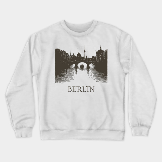Berlin Vintage Woodcut | Minimalist Spree River & Cityscape Art Crewneck Sweatshirt by TuncGK