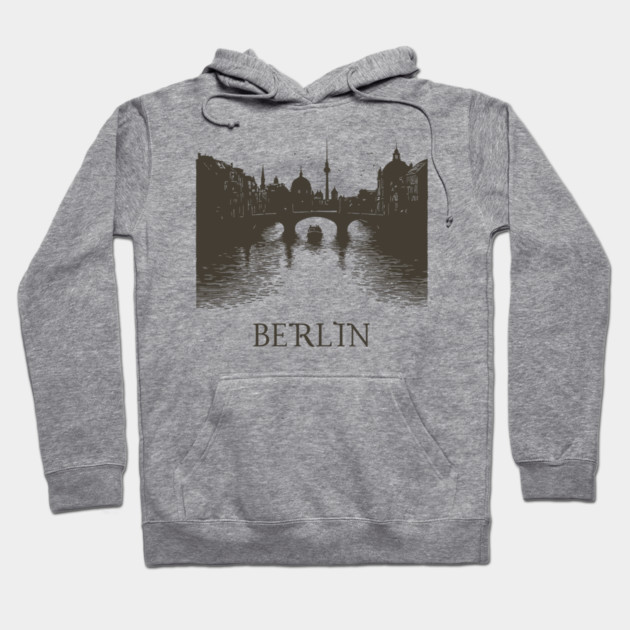 Berlin Vintage Woodcut | Minimalist Spree River & Cityscape Art Hoodie by TuncGK