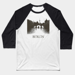 Berlin Vintage Woodcut | Minimalist Spree River & Cityscape Art Baseball T-Shirt