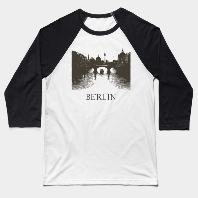 Berlin Vintage Woodcut | Minimalist Spree River & Cityscape Art Baseball T-Shirt by TuncGK