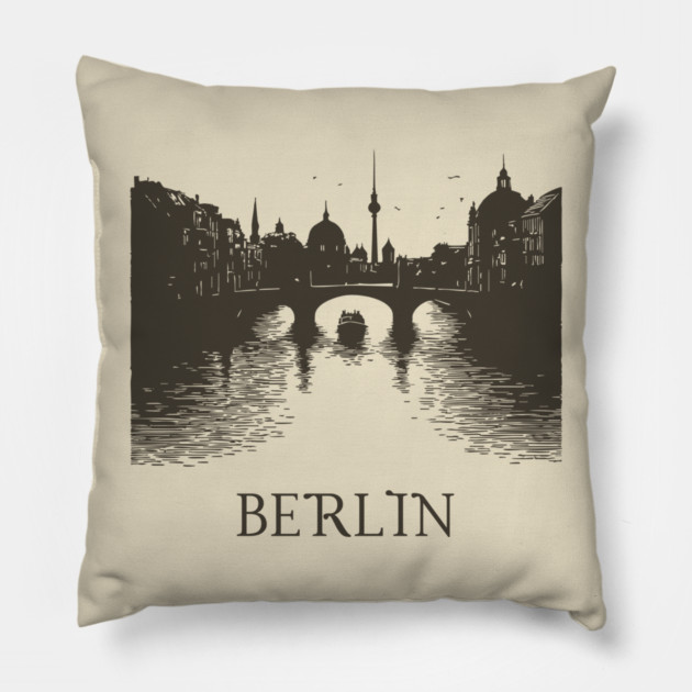 Berlin Vintage Woodcut | Minimalist Spree River & Cityscape Art Pillow by TuncGK