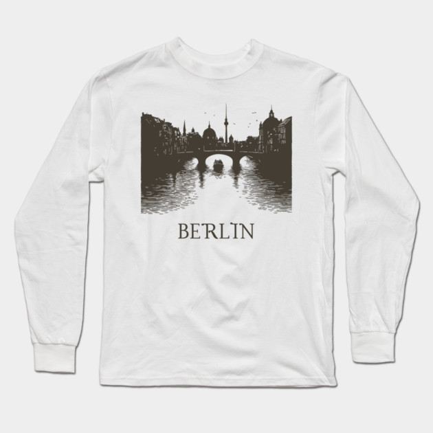 Berlin Vintage Woodcut | Minimalist Spree River & Cityscape Art Long Sleeve T-Shirt by TuncGK
