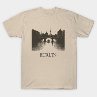 Berlin Vintage Woodcut | Minimalist Spree River & Cityscape Art T-Shirt
