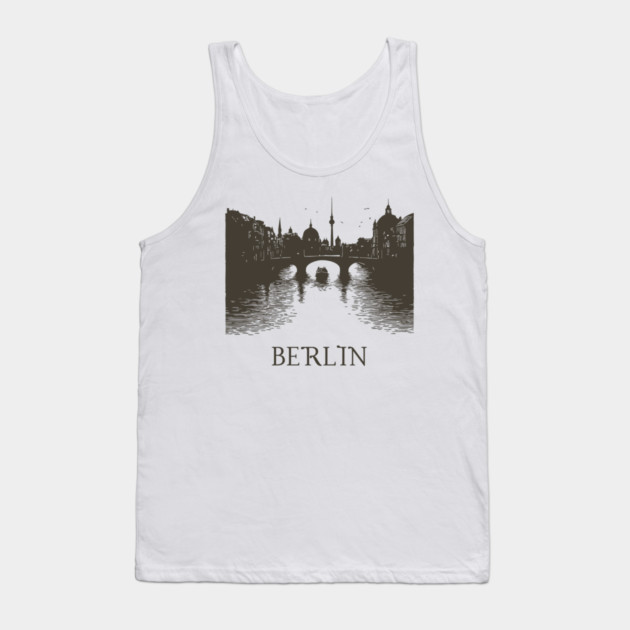 Berlin Vintage Woodcut | Minimalist Spree River & Cityscape Art Tank Top by TuncGK