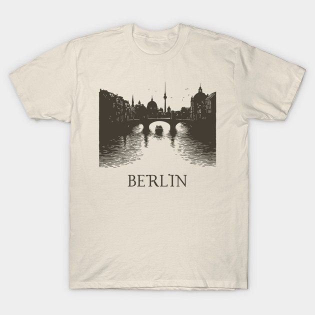 Berlin Vintage Woodcut | Minimalist Spree River & Cityscape Art T-Shirt by TuncGK