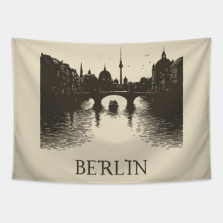 Berlin Vintage Woodcut | Minimalist Spree River & Cityscape Art Tapestry