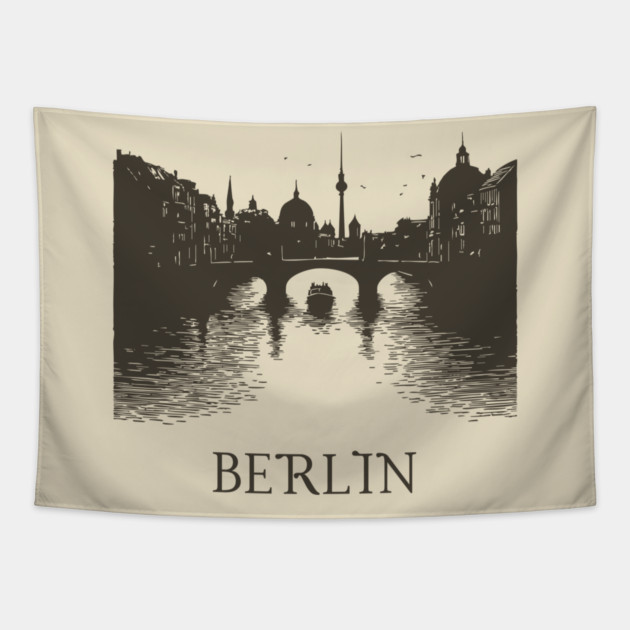 Berlin Vintage Woodcut | Minimalist Spree River & Cityscape Art Tapestry by TuncGK