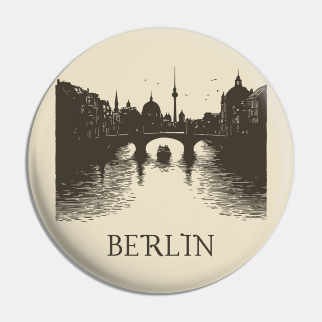 Berlin Vintage Woodcut | Minimalist Spree River & Cityscape Art Pin by TuncGK