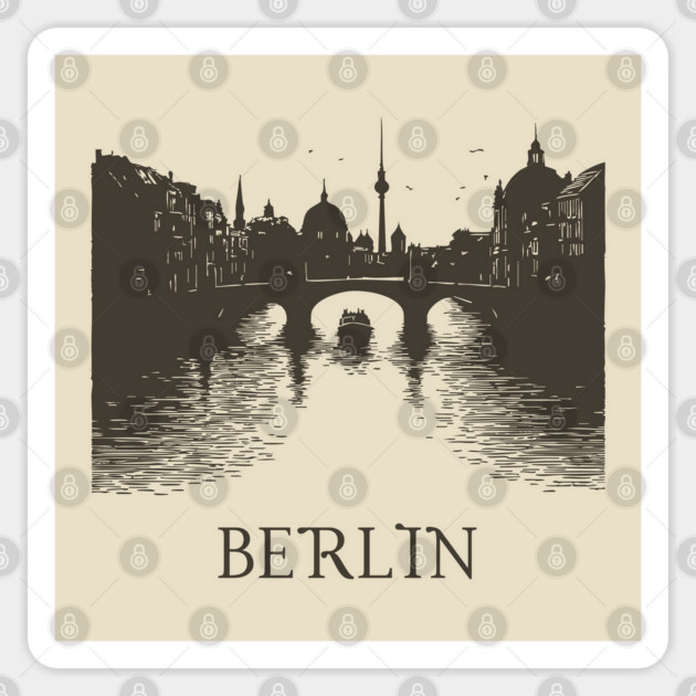 Berlin Vintage Woodcut | Minimalist Spree River & Cityscape Art Sticker by TuncGK