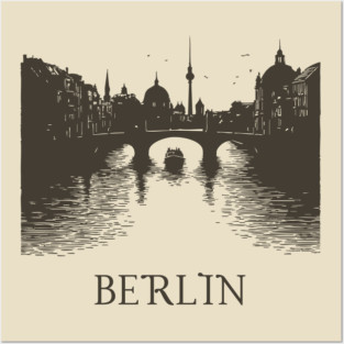 Berlin Vintage Woodcut | Minimalist Spree River & Cityscape Art Posters and Art