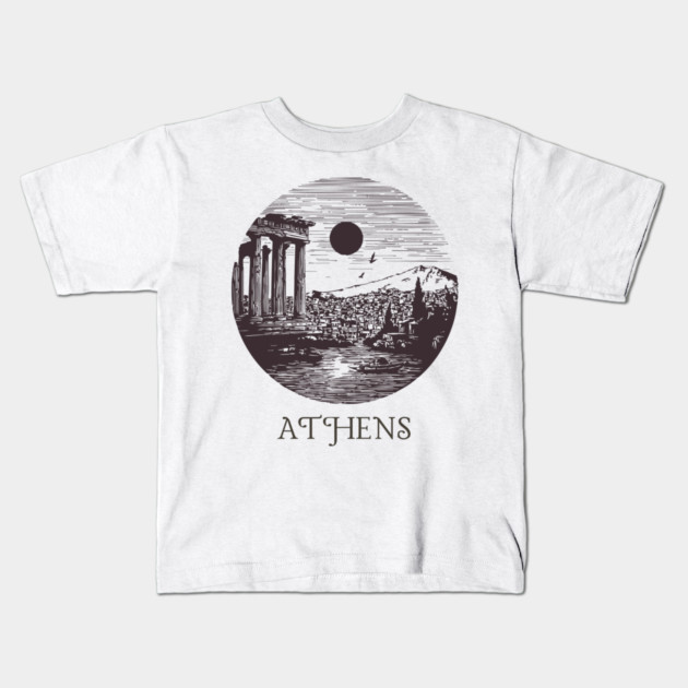 Athens Vintage Woodcut | Retro Acropolis & Parthenon Graphic Kids T-Shirt by TuncGK