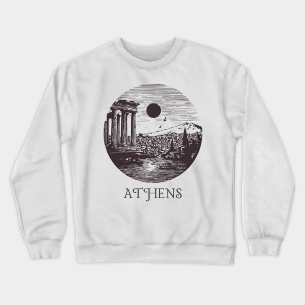 Athens Vintage Woodcut | Retro Acropolis & Parthenon Graphic Crewneck Sweatshirt by TuncGK