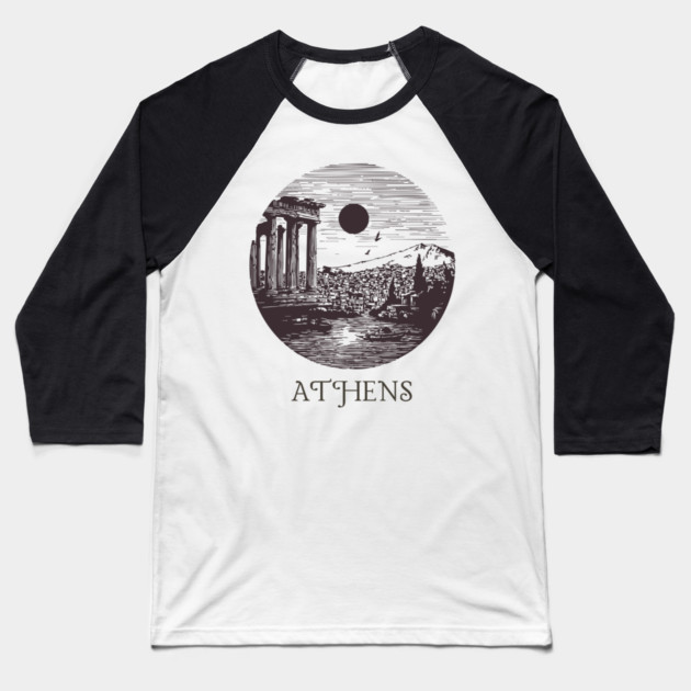 Athens Vintage Woodcut | Retro Acropolis & Parthenon Graphic Baseball T-Shirt by TuncGK