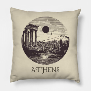 Athens Vintage Woodcut | Retro Acropolis & Parthenon Graphic Pillow