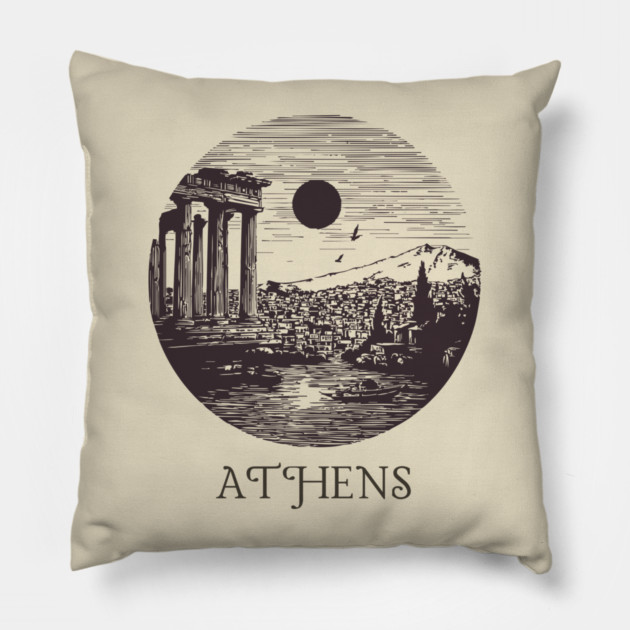 Athens Vintage Woodcut | Retro Acropolis & Parthenon Graphic Pillow by TuncGK