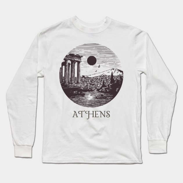 Athens Vintage Woodcut | Retro Acropolis & Parthenon Graphic Long Sleeve T-Shirt by TuncGK