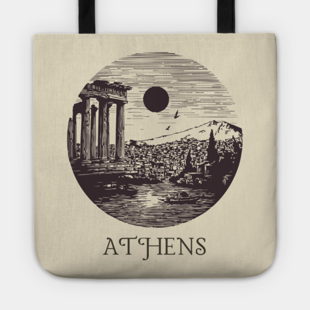 Athens Vintage Woodcut | Retro Acropolis & Parthenon Graphic Tote by TuncGK