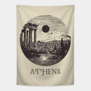 Athens Vintage Woodcut | Retro Acropolis & Parthenon Graphic Tapestry