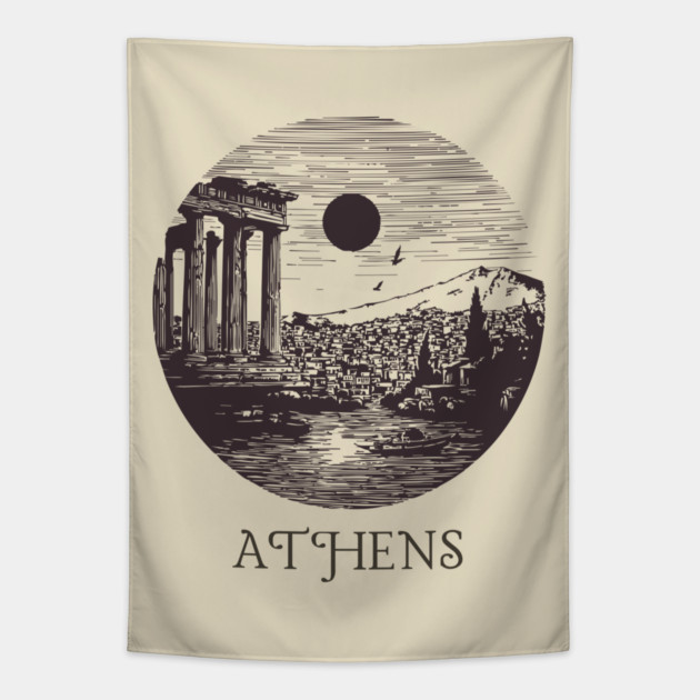 Athens Vintage Woodcut | Retro Acropolis & Parthenon Graphic Tapestry by TuncGK