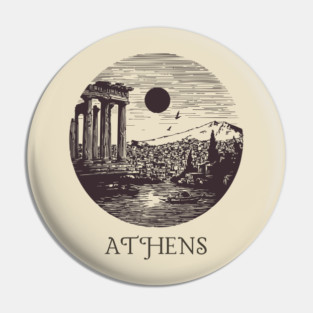 Athens Vintage Woodcut | Retro Acropolis & Parthenon Graphic Pin