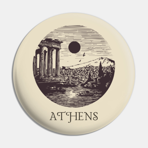 Athens Vintage Woodcut | Retro Acropolis & Parthenon Graphic Pin by TuncGK