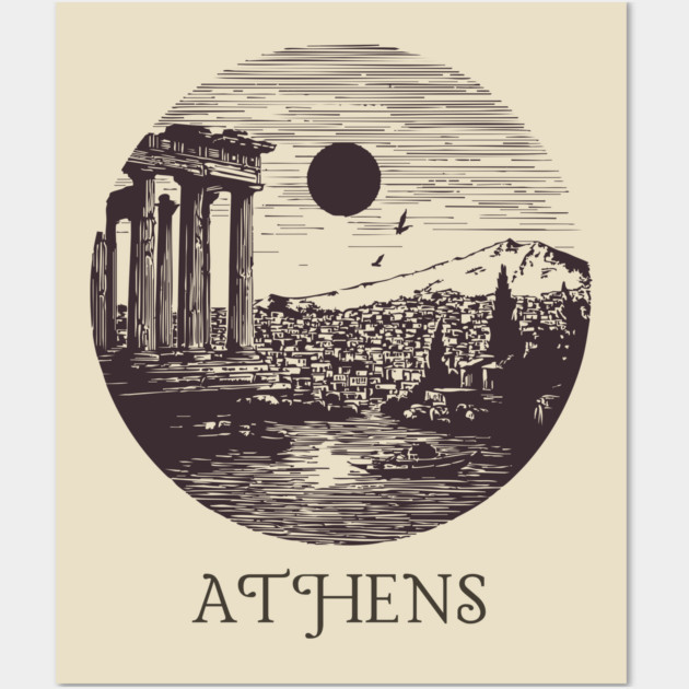 Athens Vintage Woodcut | Retro Acropolis & Parthenon Graphic Wall Art by TuncGK