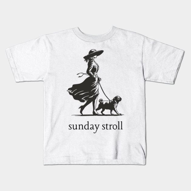 Sunday Stroll Pug T-Shirt | Vintage Elegant Woman Walking Dog Tee Kids T-Shirt by TuncGK
