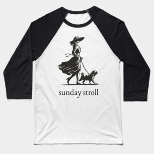 Sunday Stroll Pug T-Shirt | Vintage Elegant Woman Walking Dog Tee Baseball T-Shirt