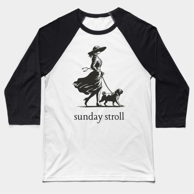 Sunday Stroll Pug T-Shirt | Vintage Elegant Woman Walking Dog Tee Baseball T-Shirt by TuncGK