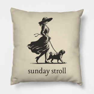 Sunday Stroll Pug T-Shirt | Vintage Elegant Woman Walking Dog Tee Pillow