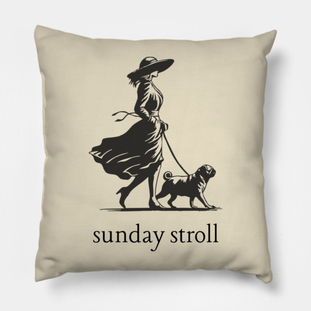 Sunday Stroll Pug T-Shirt | Vintage Elegant Woman Walking Dog Tee Pillow by TuncGK