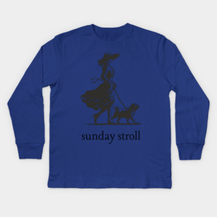 Sunday Stroll Pug T-Shirt | Vintage Elegant Woman Walking Dog Tee Kids Long Sleeve T-Shirt