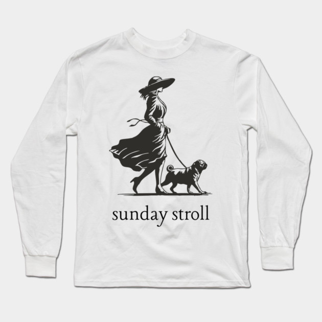 Sunday Stroll Pug T-Shirt | Vintage Elegant Woman Walking Dog Tee Long Sleeve T-Shirt by TuncGK