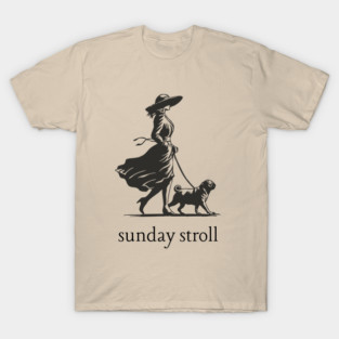 Sunday Stroll Pug T-Shirt | Vintage Elegant Woman Walking Dog Tee T-Shirt