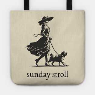 Sunday Stroll Pug T-Shirt | Vintage Elegant Woman Walking Dog Tee Tote