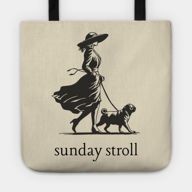 Sunday Stroll Pug T-Shirt | Vintage Elegant Woman Walking Dog Tee Tote by TuncGK