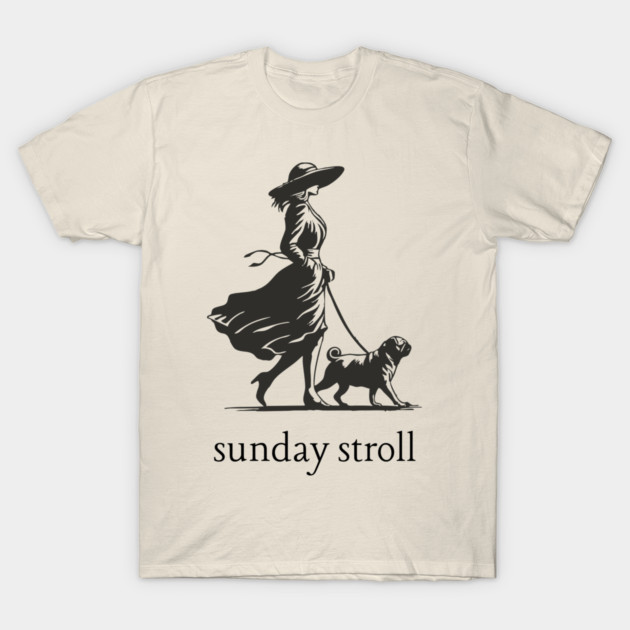 Sunday Stroll Pug T-Shirt | Vintage Elegant Woman Walking Dog Tee T-Shirt by TuncGK