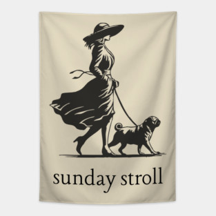 Sunday Stroll Pug T-Shirt | Vintage Elegant Woman Walking Dog Tee Tapestry