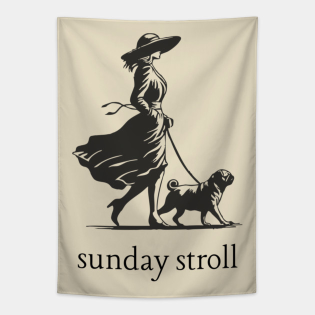 Sunday Stroll Pug T-Shirt | Vintage Elegant Woman Walking Dog Tee Tapestry by TuncGK