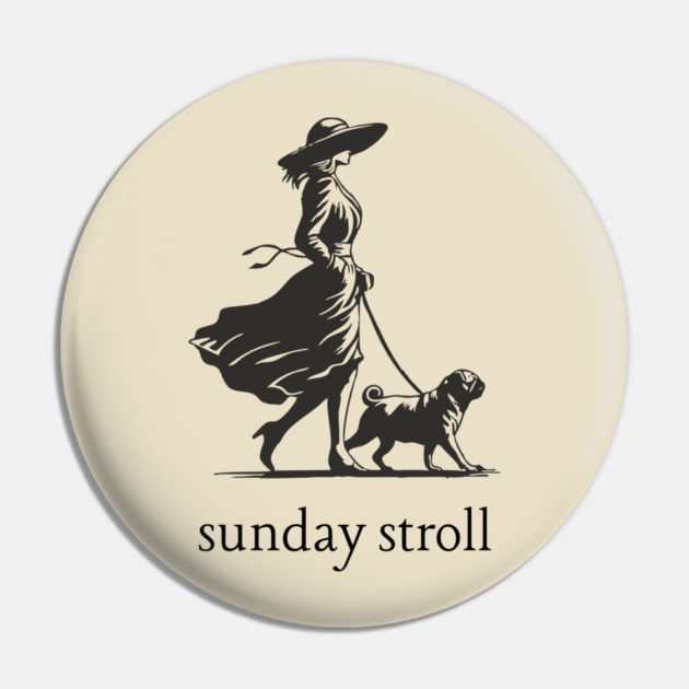 Sunday Stroll Pug T-Shirt | Vintage Elegant Woman Walking Dog Tee Pin by TuncGK