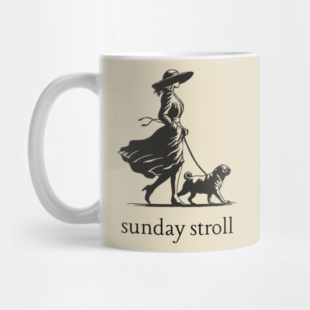 Sunday Stroll Pug T-Shirt | Vintage Elegant Woman Walking Dog Tee by TuncGK