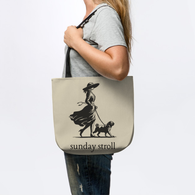 Sunday Stroll Pug T-Shirt | Vintage Elegant Woman Walking Dog Tee by TuncGK