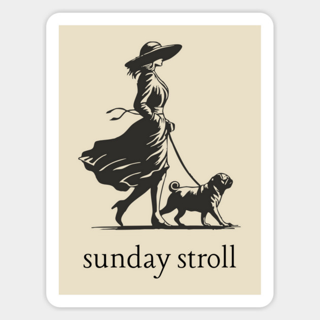 Sunday Stroll Pug T-Shirt | Vintage Elegant Woman Walking Dog Tee Magnet by TuncGK