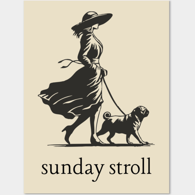 Sunday Stroll Pug T-Shirt | Vintage Elegant Woman Walking Dog Tee Wall Art by TuncGK