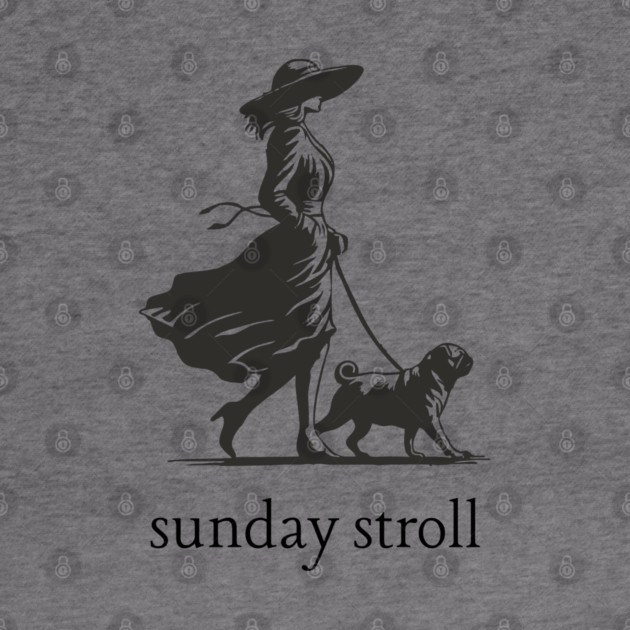 Sunday Stroll Pug T-Shirt | Vintage Elegant Woman Walking Dog Tee by TuncGK
