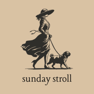 Sunday Stroll Pug T-Shirt | Vintage Elegant Woman Walking Dog Tee T-Shirt
