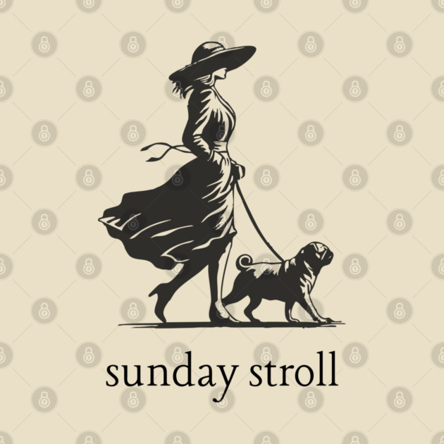 Sunday Stroll Pug T-Shirt | Vintage Elegant Woman Walking Dog Tee by TuncGK