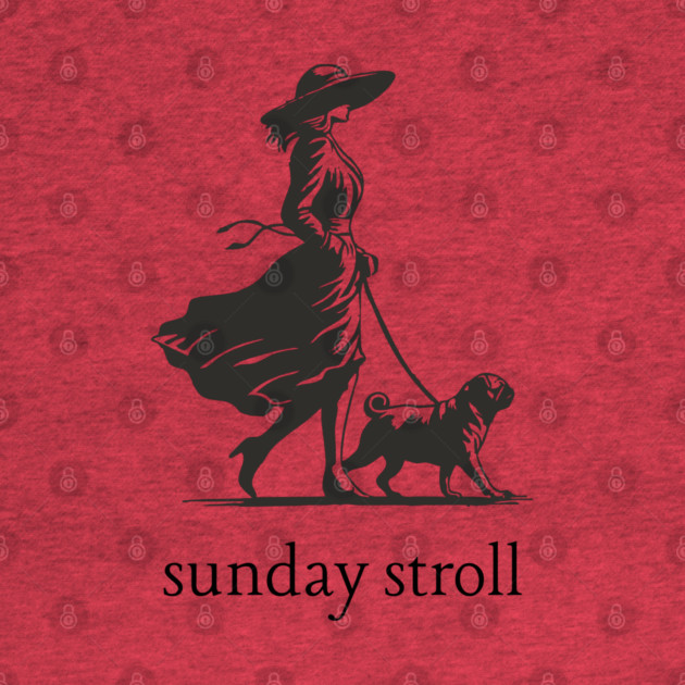 Sunday Stroll Pug T-Shirt | Vintage Elegant Woman Walking Dog Tee by TuncGK